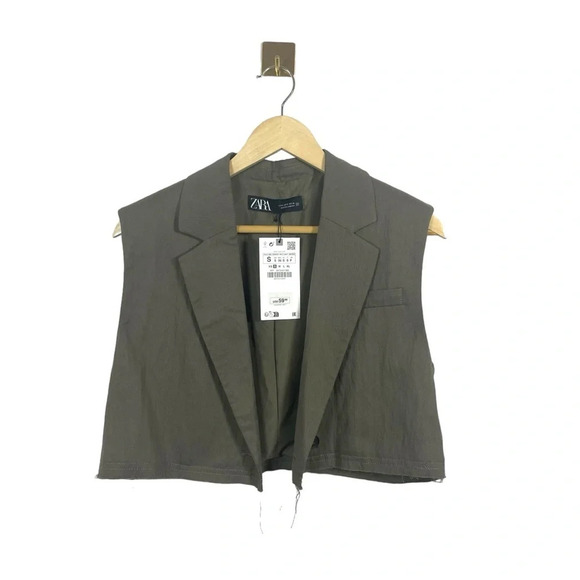 NWT Zara Cropped Lyocell Blend Raw Hem Vest in Olive Green Size S - Picture 1 of 11